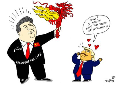 Political cartoon U.S. Trump China Xi Jinping president for life