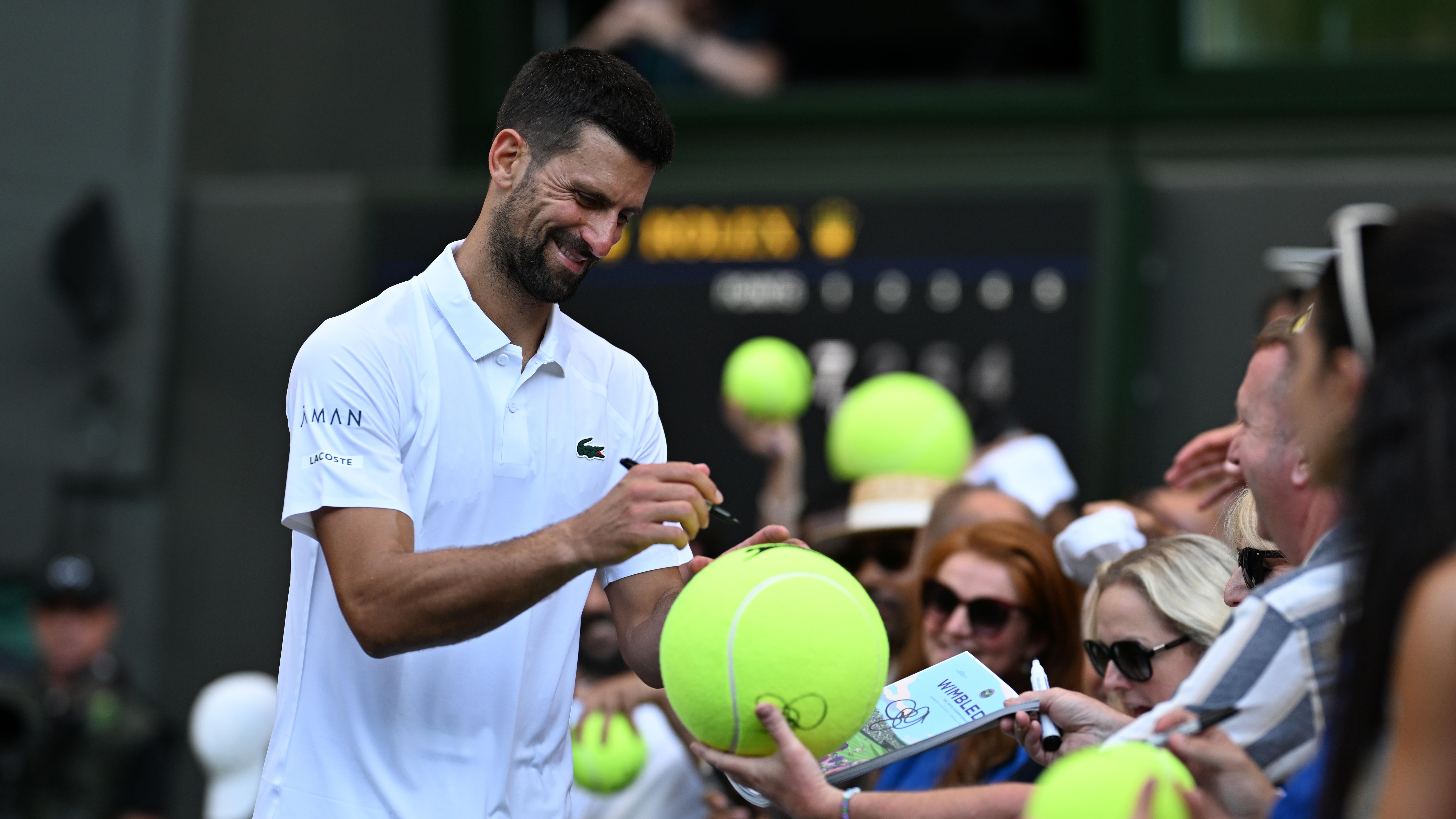 Novak Djokovic signing tennis balls at Wimbledon 2025