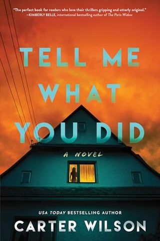 'Tell Me What You Did' book cover featuring an orange sky and the top window of a house