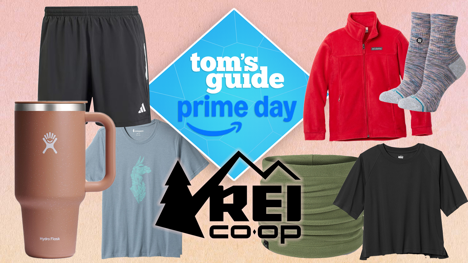 a peach background image with the REI logo and tom&#039;s guide prime day badge with adidas shorts, columbia fleece, hydroflask, cotopaxi t shirt, buff, rei t shirt, stance socks