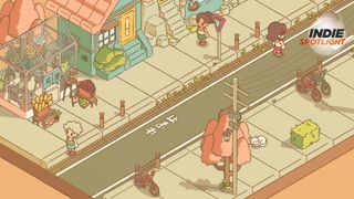 Minami Lane screenshot of a street where people walk past a flower shop and houses and a cat is curled up near a tree and a bicycle - the Indie Spotlight logo is in the top right corner of the image