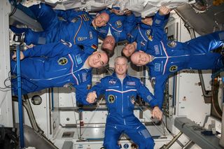 The International Space Station's Expedition 40 crew poses for a portrait in the outpost's Harmony node. They are (clockwise from bottom): NASA astronaut Steve Swanson (bottom), commander; Russian cosmonaut Alexander Skvortsov, European Space Agency astronaut Alexander Gerst, Russian cosmonaut Maxim Suraev, NASA astronaut Reid Wiseman and Russian cosmonaut Oleg Artemyev, all flight engineers.