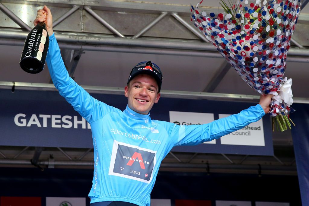 GATESHEAD ENGLAND SEPTEMBER 10 Ethan Hayter of United Kingdom and Team INEOS Grenadiers celebrates winning the turquoise points jersey on the podium ceremony after the 17th Tour of Britain 2021 Stage 6 a 198km stage from Carlisle to Gateshead TourofBritain TourofBritain on September 10 2021 in Gateshead England Photo by Alex LiveseyGetty Images