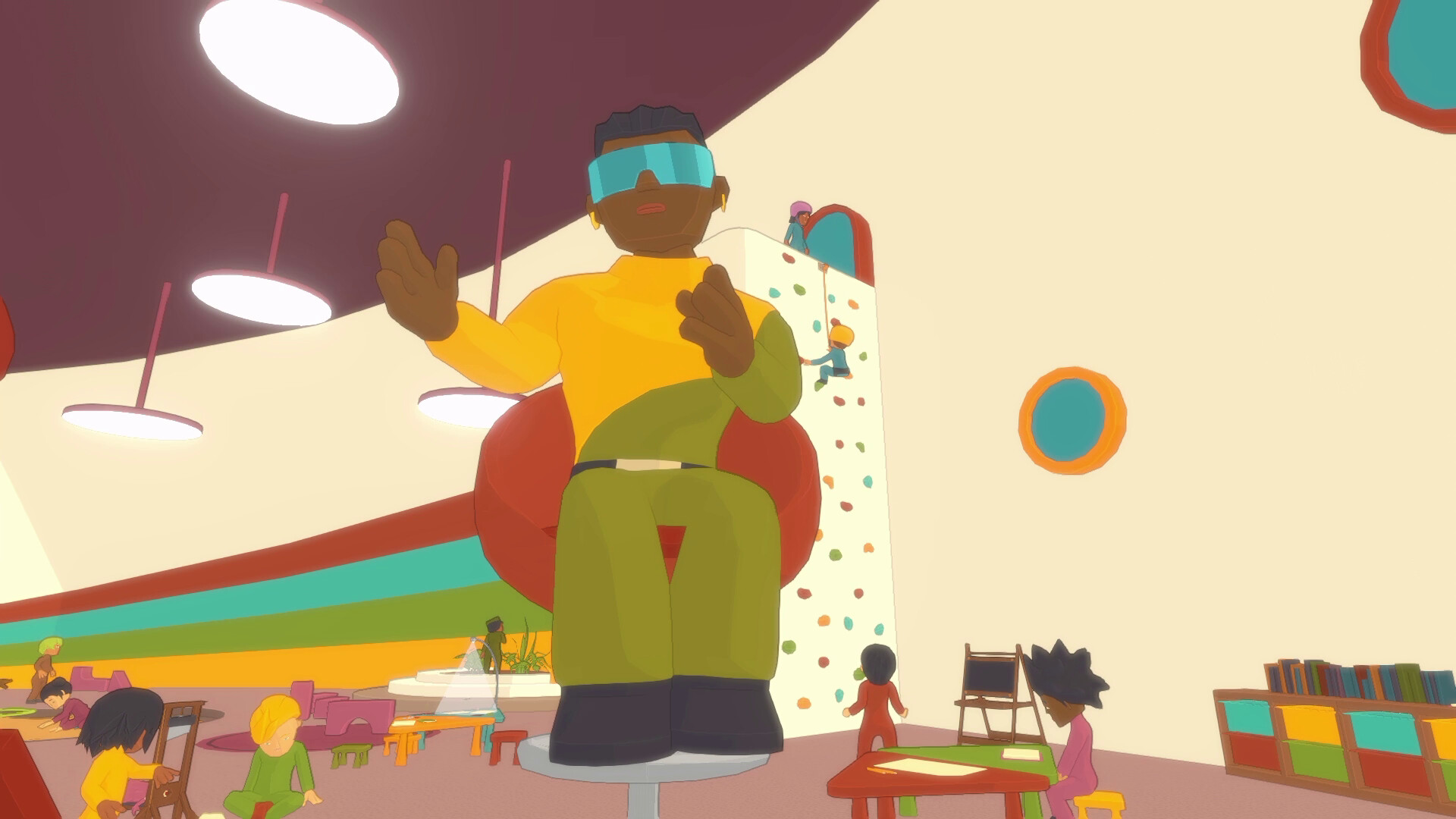 A man wearing mirror shades sits on a pedestal in Future? No Thanks!