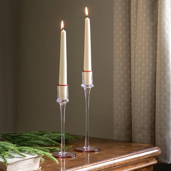 Set of 2 Red Rim Icicle Glass Candle Stick Holders