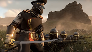 A Helldiver with a sword stands ready with his allies in Helldivers 2.