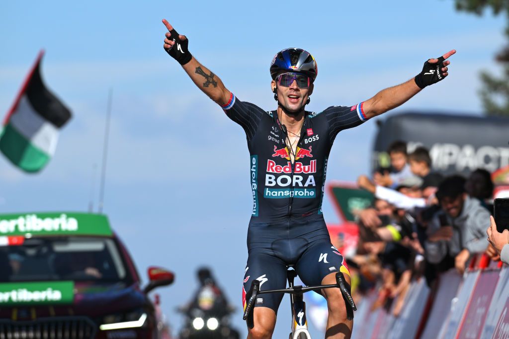 ALTO DE MONCALVILLO SPAIN SEPTEMBER 06 Primoz Roglic of Slovenia and Team Red Bull Bora hansgrohe celebrates at finish line as stage winner taking the lead of the race during the La Vuelta 79th Tour of Spain 2024 Stage 19 a 1735km stage from Logrono to Alto de Moncalvillo 1490m UCIWT on September 06 2024 in Alto de Moncalvillo Spain Photo by Tim de WaeleGetty Images