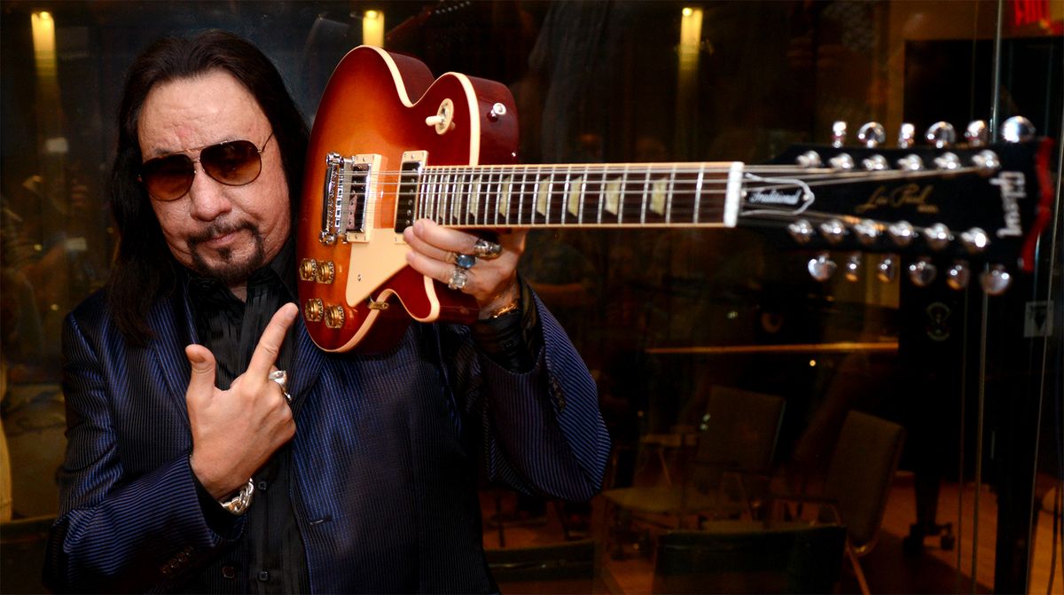 Ace Frehley holding a 12-string Gibson Les Paul Standard guitar attends the Ace Frehley listening party for upcoming new album &quot;Space Invader&quot; at Gibson Guitar Studios on August 13, 2014 in New York City.