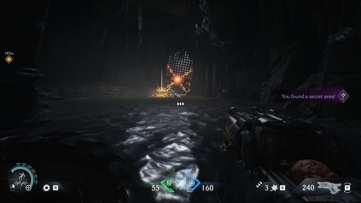 Doom: The Dark Ages Chapter 14 secrets - A gold chest next to a sealed gate inside a cave.