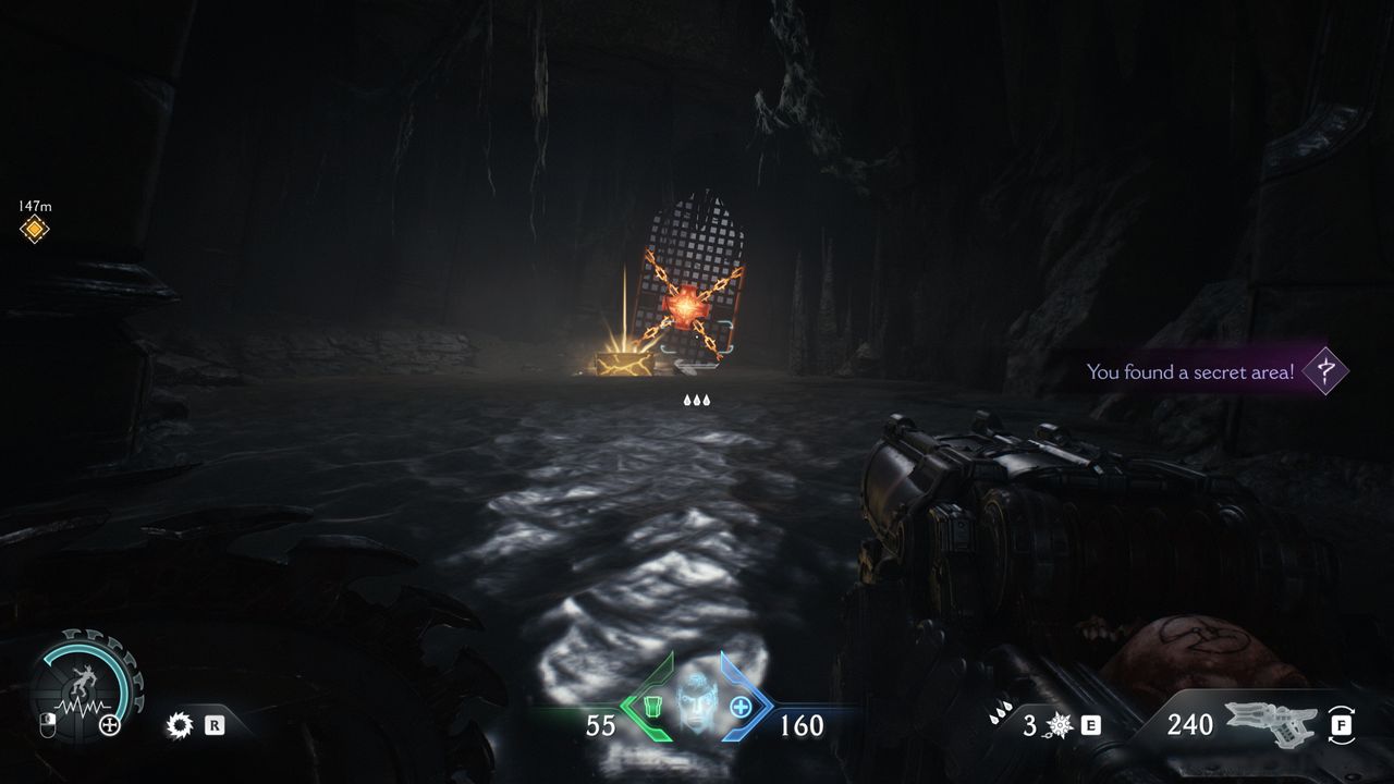 Doom: The Dark Ages Chapter 14 secrets - A gold chest next to a sealed gate inside a cave.