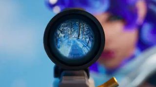 A screenshot from Fortnite's Chapter 5 Season 2 trailer, zoomed in on a gun's scope which shows a mysterious skin in its reflection.