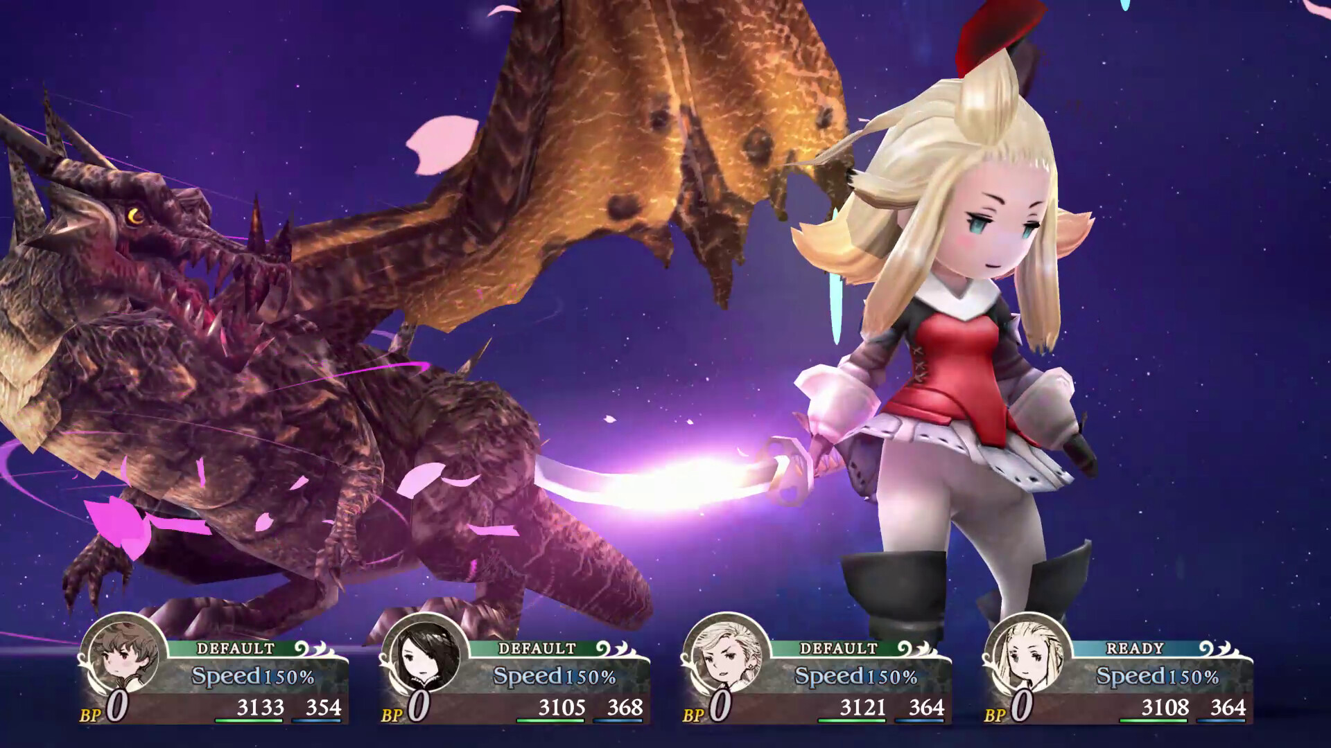 In-game screenshot of Edea Lee posing in front of a dragon in Bravely Default