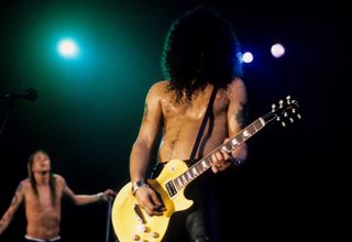 Axl Rose and Slash of Guns N Roses perform live at Rock In Rio II on January 15, 1991 in Rio De Janeiro, Brazil