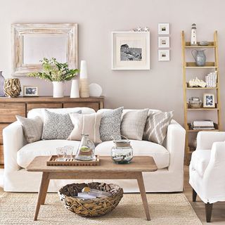 pink and grey living room with coast 3 seater sofa in Ivory and coffee table