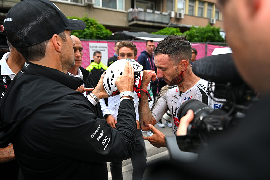 VELIKO TARNOVO, BULGARIA - MAY 09: (EDITORS NOTE: Image depicts graphic content.) Adam Yates of Great Britain and UAE Team Emirates - XRG injured after the 109th Giro d'Italia 2026, Stage 2 a 221km stage from Burgas to Veliko Tarnovo / #UCIWT / on May 09, 2026 in Veliko Tarnovo, Bulgaria. (Photo by Tim de Waele/Getty Images)
