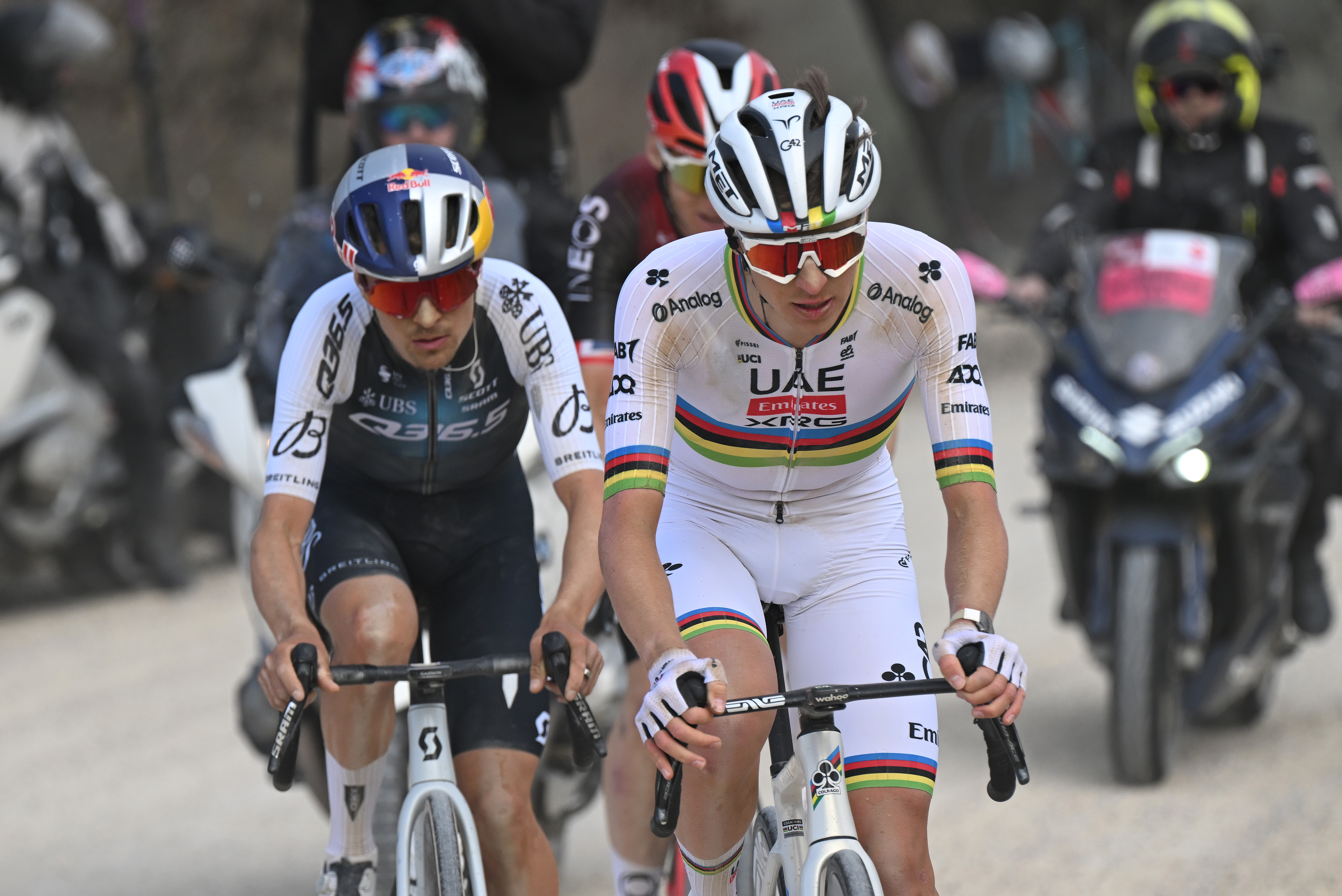 SIENA, ITALY - MARCH 08: (L-R) Tom Pidcock of The United Kingdom and Q36.5 Pro Cycling Team and Tadej Pogacar of Slovenia and UAE Team Emirates-XRG compete in the breakaway during the 19th Strade Bianche 2025, Men&amp;apos;s Elite a 213km one day race from Siena to Siena 320m / #UCIWT / on March 08, 2025 in Siena, Italy. (Photo by Tim de Waele/Getty Images)