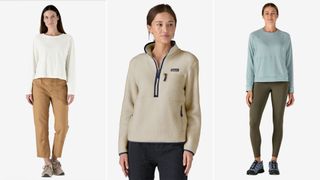 Three models wearing clothing from Patagonia