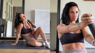 Sam left holding a dumbbell smiling seated on exercise mat, right Sam holding a dumbbell in both hands close up