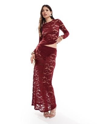 4th & Reckless Lace Maxi Skirt Co-Ord in Burgundy