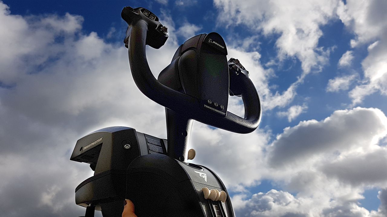 The Thrustmaster TCA Yoke Pack Boeing Edition against the sky