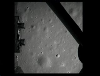The first photo of the moon by China's Chang'e 3 lunar lander is shown here in this still from a broadcast by the country's state-run CNTV news channel on Dec. 14, 2013. Chang'e 3 delivered the Yutu rover to the moon with its successful landing.