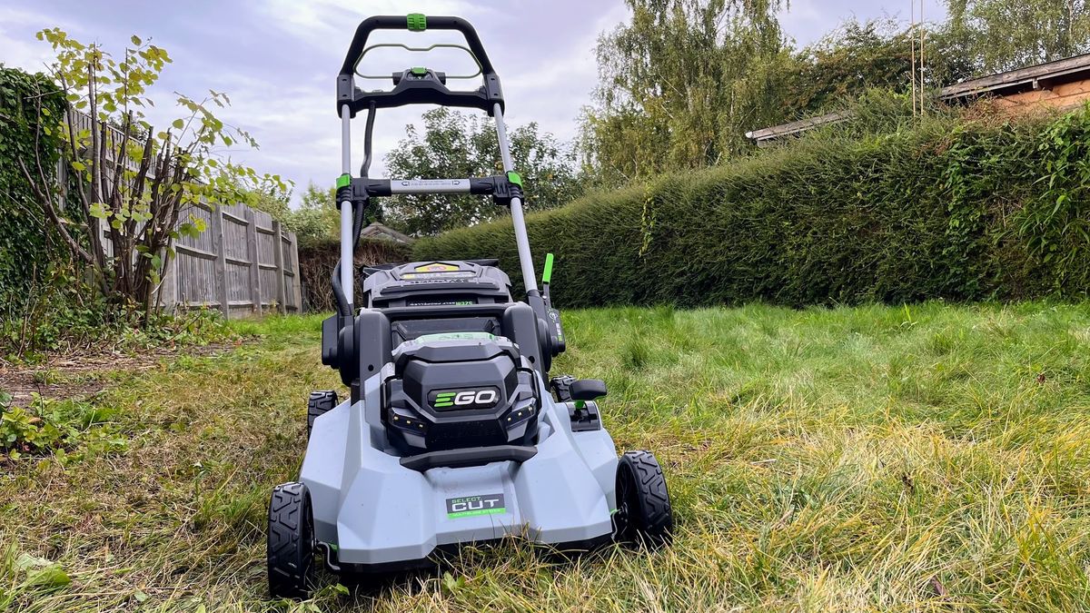 EGO POWER+ LM2135SP 21-in Cordless Lawn Mower being tested in writer&#039;s yard