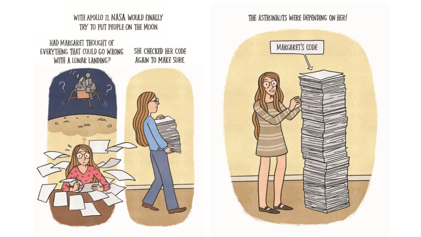 two-page spread from a graphic novel, showing a woman in glasses holding and then standing next to a giant stack of papers