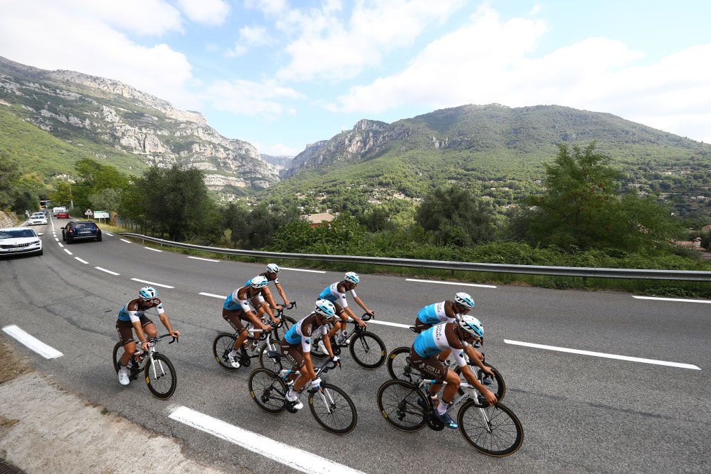 NICE FRANCE AUGUST 28 Romain Bardet of France Mickael Cherel of France Benoit Cosnefroy of France Pierre Latour of France Oliver Naesen of Belgium Nans Peters of France Clement Venturini of France and Alexis Vuillermoz of France and Team Ag2R La Mondiale during the 107th Tour de France 2020 Team Ag2R La Mondiale Training TDF2020 LeTour on August 28 2020 in Nice France Photo by Michael SteeleGetty Images
