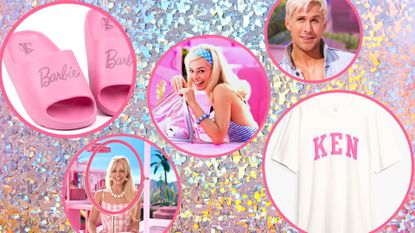 A collage of Barbie merch and pics from the Barbie movie on a sparkly background