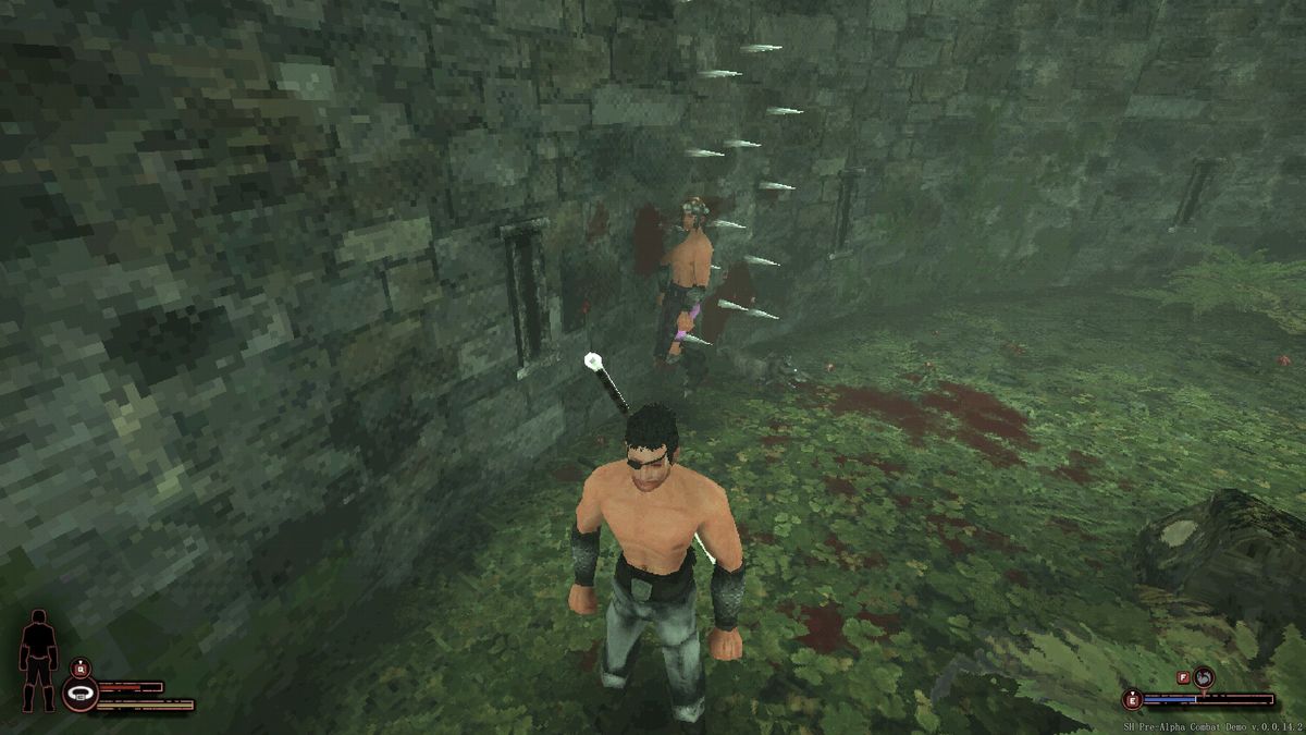 Sword Hero looking away from enemy impaled on spike traps.