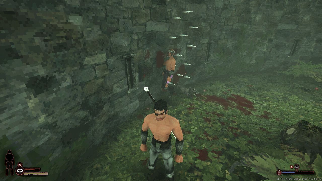 Sword Hero looking away from enemy impaled on spike traps.