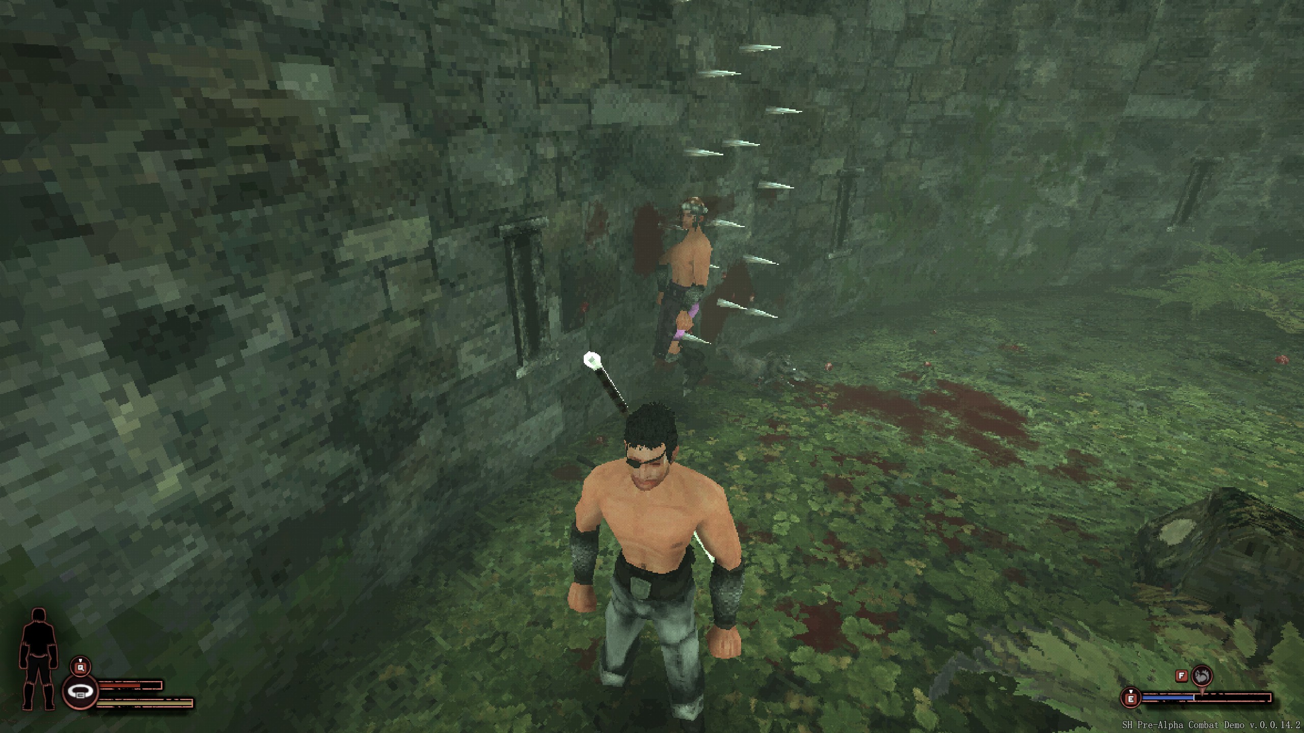 Sword Hero looking away from enemy impaled on spike traps.