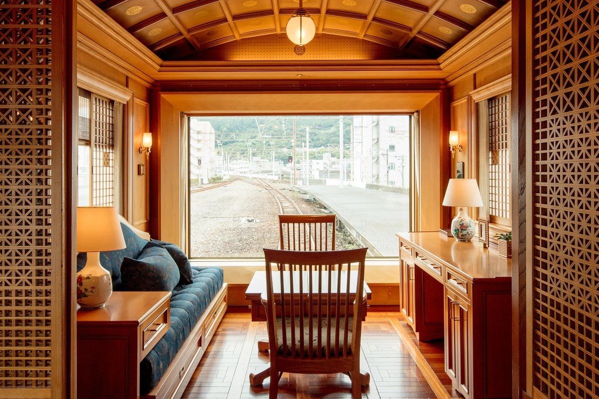 A stuck-in-time sleeper train features interiors blending Art Deco and Japanese minimalism.