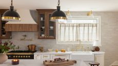 A neutral kitchen with white cabinets and cream zellige tiles on the the walls