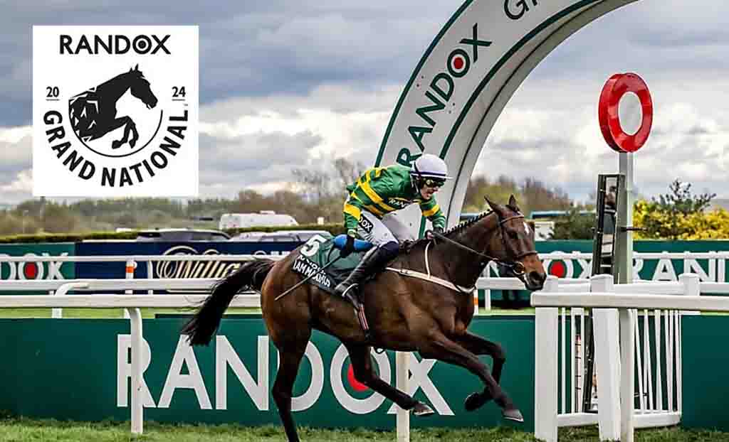 Aintree Grand National Racing logo placed over a man riding a horse