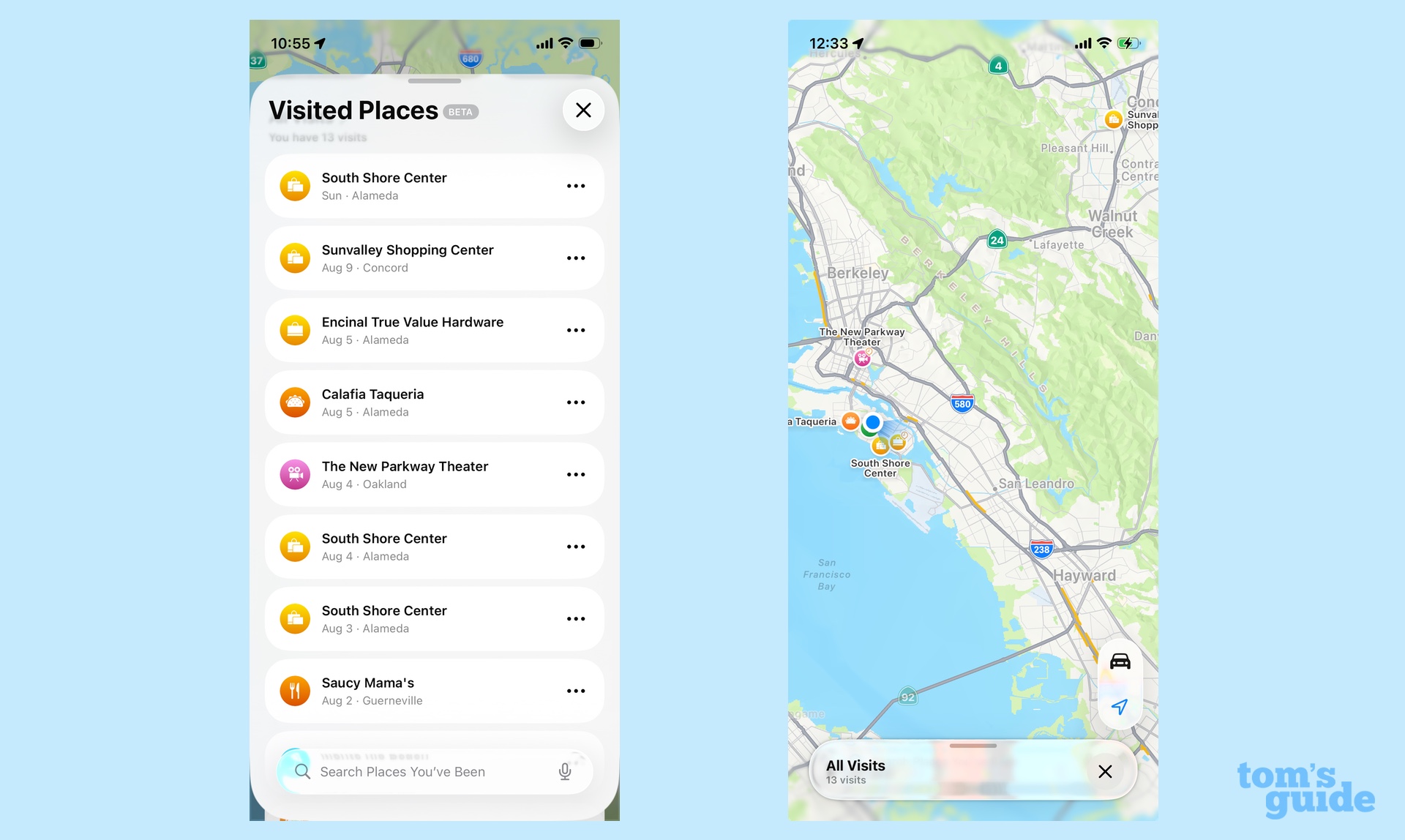 list of visited places with places displayed on a map