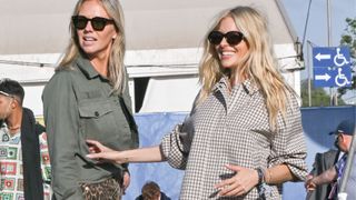 Sienna Miller is seen with a cream manicure and wearing a checked shirt on day one of the Glastonbury Festival wearing Iconic British heritage brand Barbour on June 28, 2024 in Glastonbury, England.