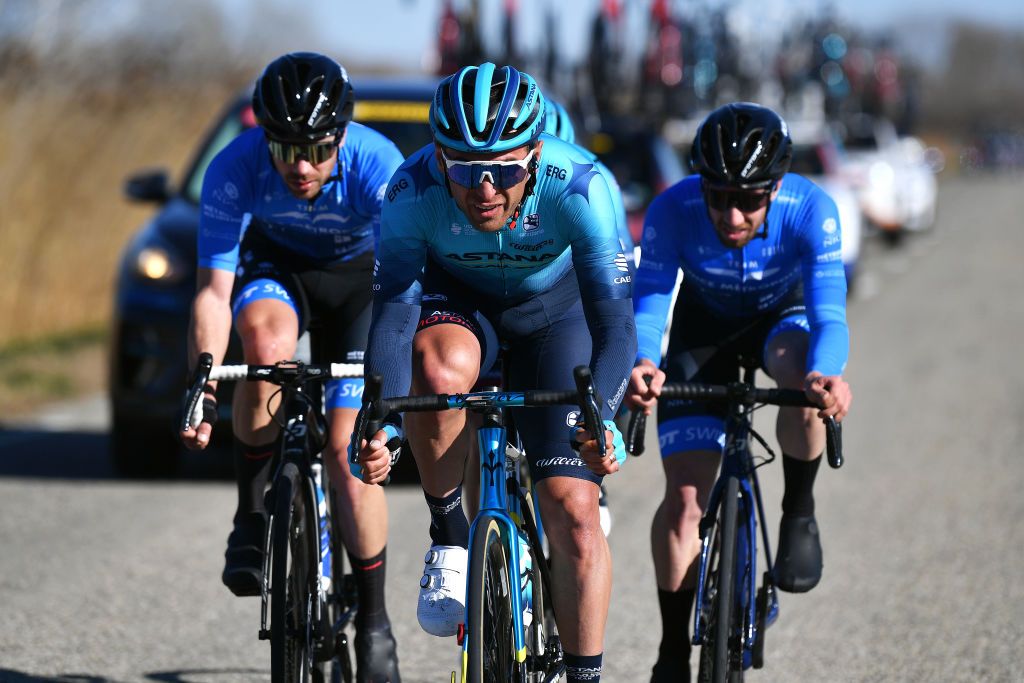 LES SAINTESMARIESDELAMER FRANCE FEBRUARY 11 Gleb Brussenskiy of Kazahkstan and Artyom Zakharov of Kazahkstan and Team Astana Qazaqstan compete in the breakaway during the 6th Tour De La Provence 2022 Stage 1 a 1593km stage from Istres to Les SaintesMariesdelaMer TDLP22 on February 11 2022 in Les SaintesMariesdelaMer France Photo by Luc ClaessenGetty Images