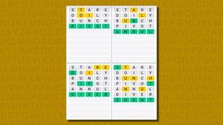 Quordle daily sequence answers for game 646 on a yellow background