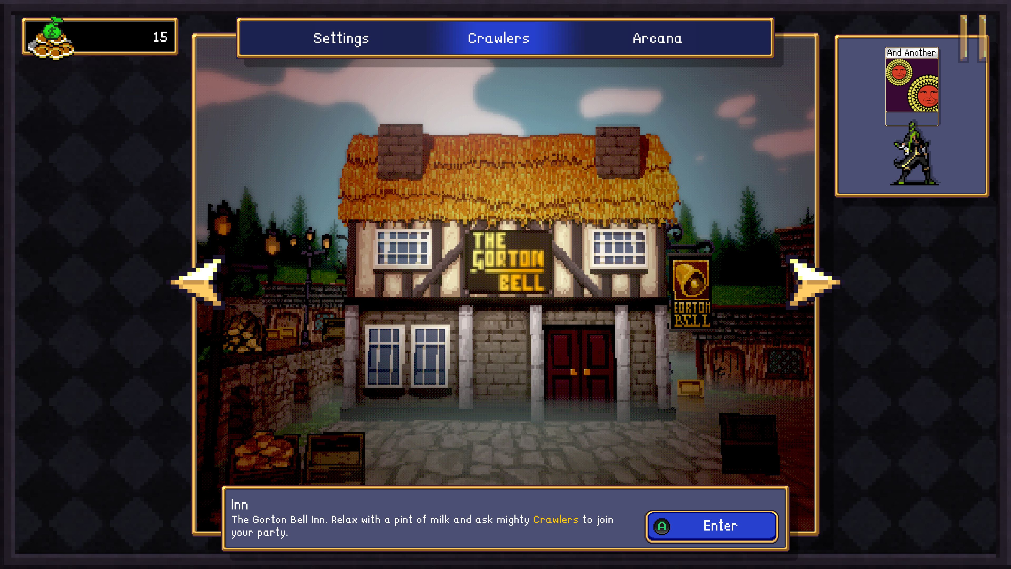Pixel art style inn with a thatched roof labeled "The Gorton Bell." A menu bar above features "Settings," "Crawlers," and "Arena." A button labeled "Enter" is visible.