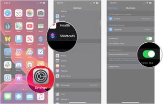 Share shortcuts, showing how to open Settings, tap Shortcuts, then tap switch
