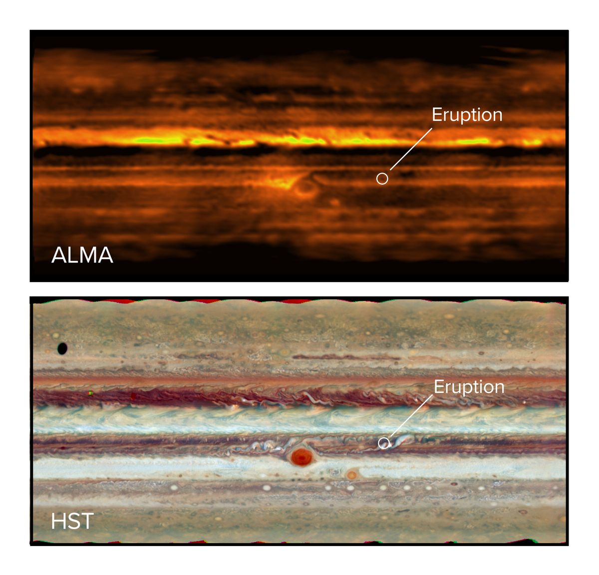 A radio telescope image (top) and visible light Hubble Space Telescope image (bottom) show a storm erupting on the gas giant.