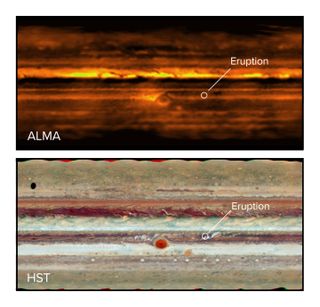 A radio telescope image (top) and visible light Hubble Space Telescope image (bottom) show a storm erupting on the gas giant.