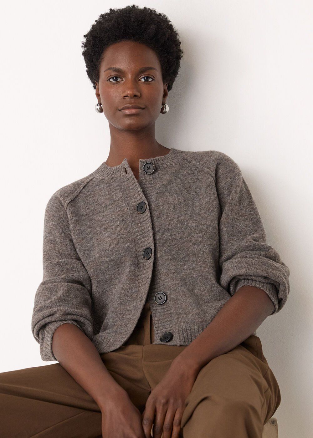 Taupe Wool Mix Crew Cardigan