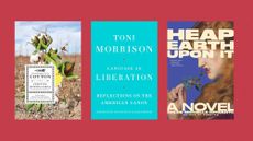 Book covers of 'Autobiography of Cotton' by Cristina Rivera Garza, 'Language as Liberation' by Toni Morrison, 'Heap Earth Upon It' by Chloe Michelle Howarth