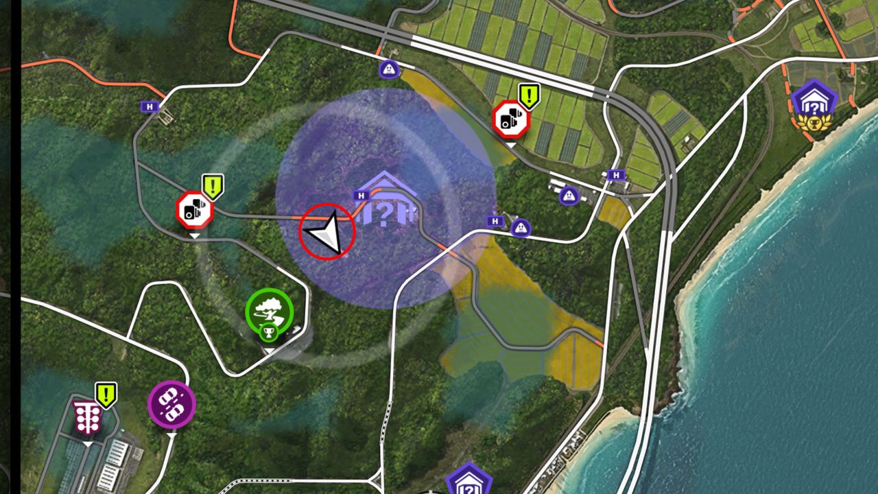 Forza Horizon 6 Barn Finds: A zoomed-in map with a red circle showing the location of the Barn Find vehicle within the purple search area.