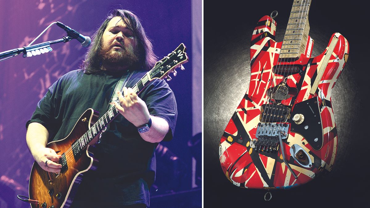 Wolfgang Van Halen and a replica of Eddie Van Halen&#039;s Frankenstein guitar