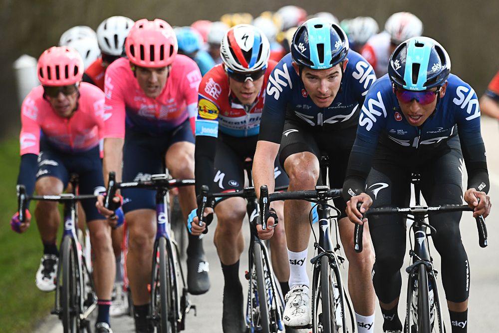 Team Sky's Egan Bernal and Luke Rowe in the crosswinds during stage 1 at Paris-Nice