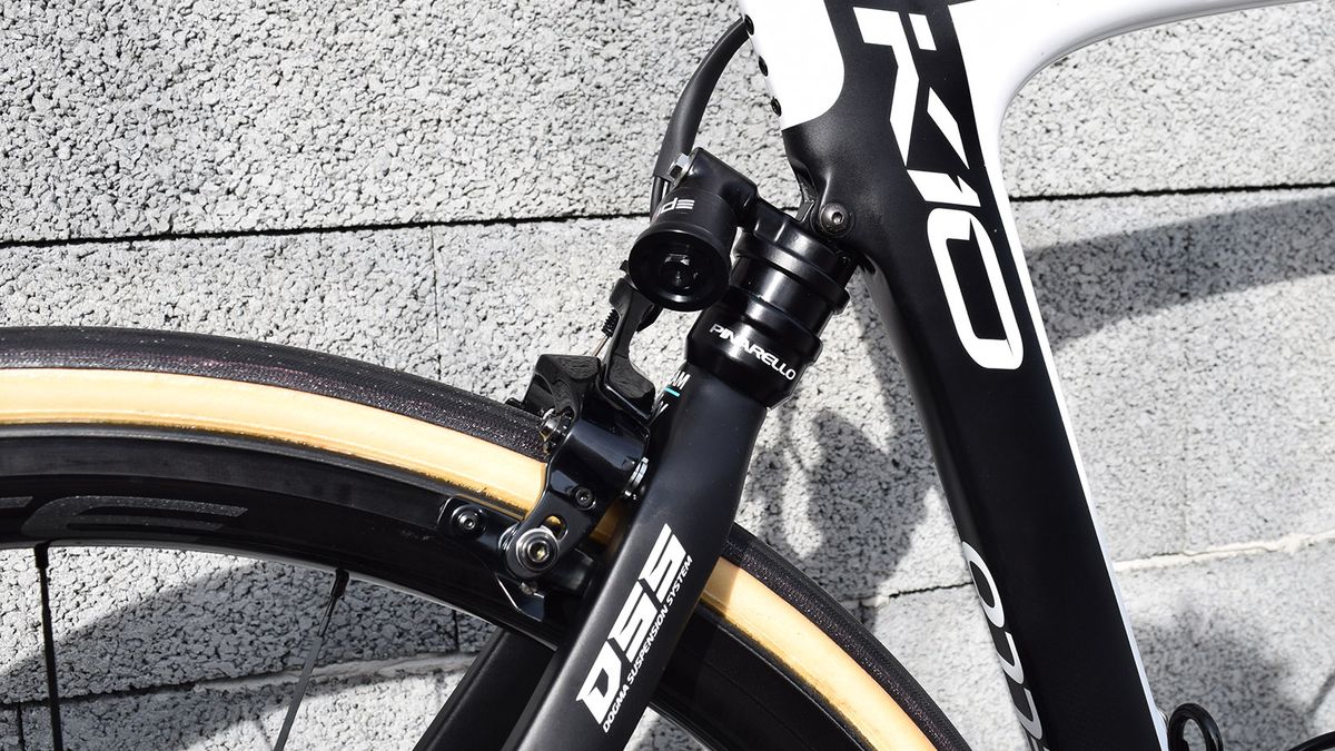 The Pinarello Dogma K10 has an electronic rear suspension system to increase compliance over the Paris-Roubaix cobbles