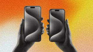 Two hands holding two different iPhones in front of an abstract orange background